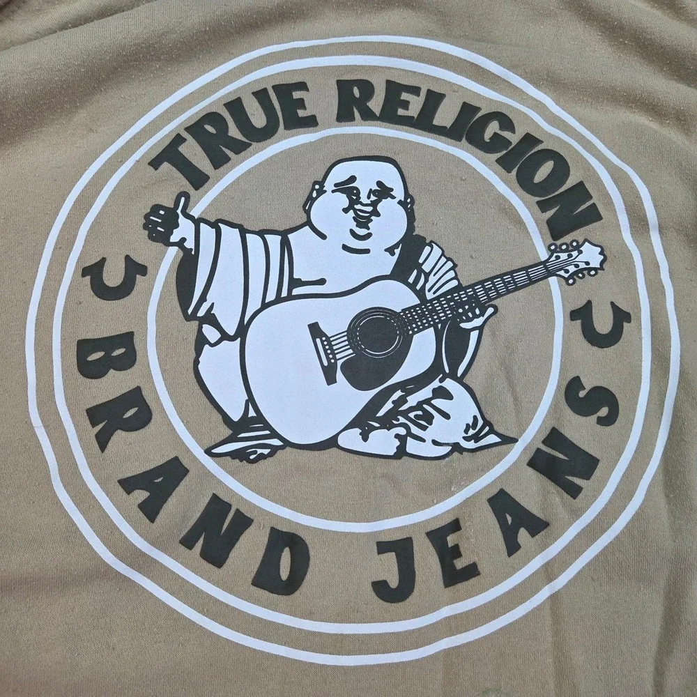True Religion Zip Up Hoodie Mens XL Buddha Horseshoe Logo Fleece Graphic Khaki